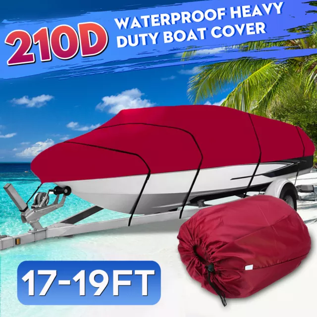 Heavy Duty 17-19 FT Boat Cover For Fish Ski Bass V-Hull Runabouts 210D Red