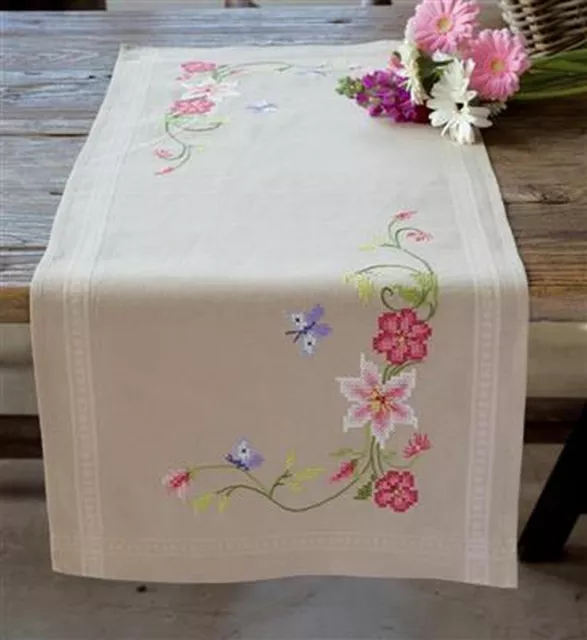 Vervaco Printed Table Runner " Pink Flowers & Butterfly " PN-0146429