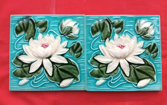 2 Piece Old Art Lotus Flower Design Embossed Majolica Ceramic Tiles Japan 0279
