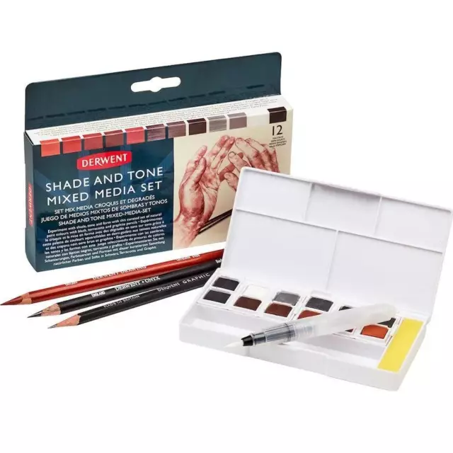 NEW Derwent Shade and Tone Paint Pan Pencils Mixed Media Set Kit Waterbrush