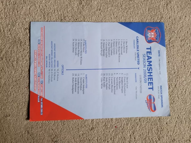 Carlisle United  V Leeds United - 2008/09 - Teamsheet