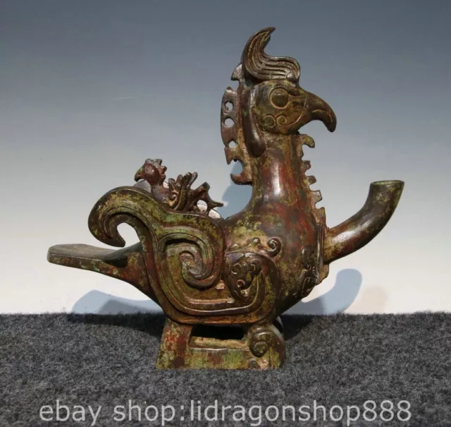 10" Ancient Chinese Bronze Ware Dynasty Inscription Phoenix Bird Hekettle