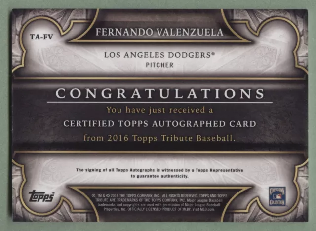 2016 Topps Tribute Fernando Valenzuela On Card Auto Purple Parallel #/50 Dodgers 2