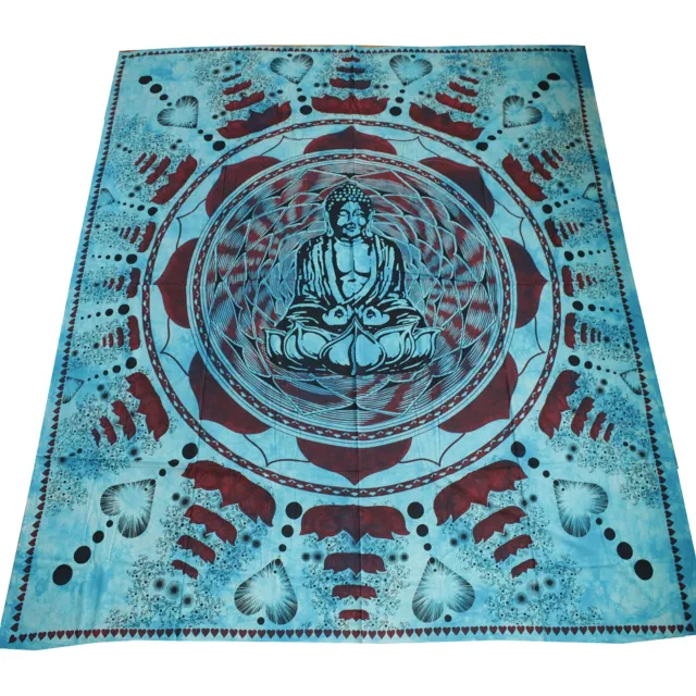 Tagesdecke Bettüberwurf Überwurf Baumwolle Dekotuch Buddha Lotus Türkis Blau XL