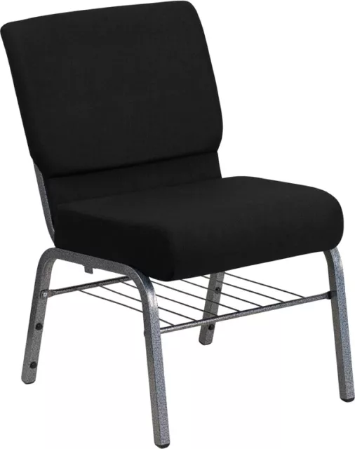 10 PACK 21'' Wide Black Fabric Church Chair with Book Rack and Silver Vein Frame