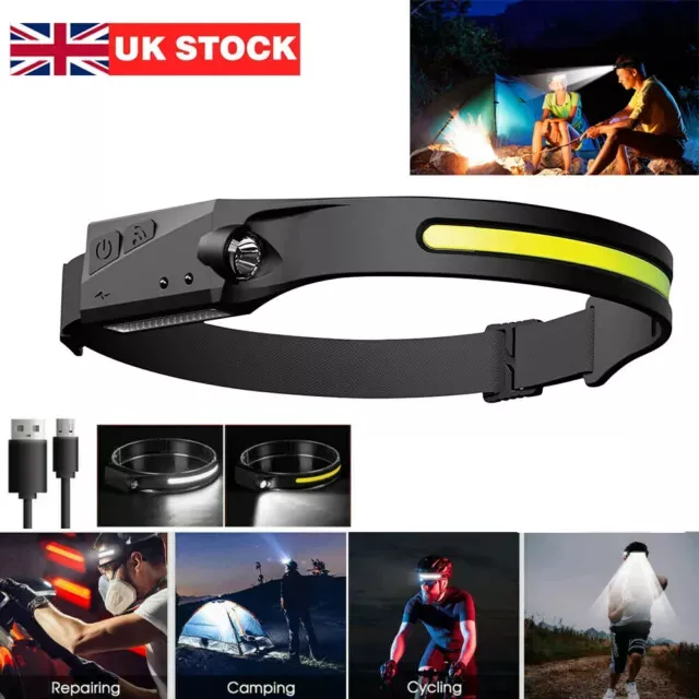 COB LED Headlamp Rechargeable Head Torch Go Beam 230° 5 Mode Head Work Light USB