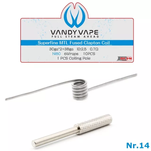 10x Superfine MTL Fused Clapton Coils 0,7? VandyVape Ni80, RBA Vandy Vape NR.14