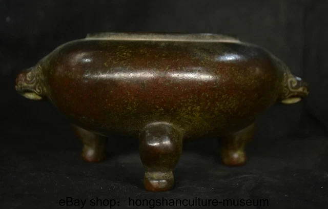 8 " Marked Old Chinese Bronze Dynasty Palace Beast Head incense burner Censer
