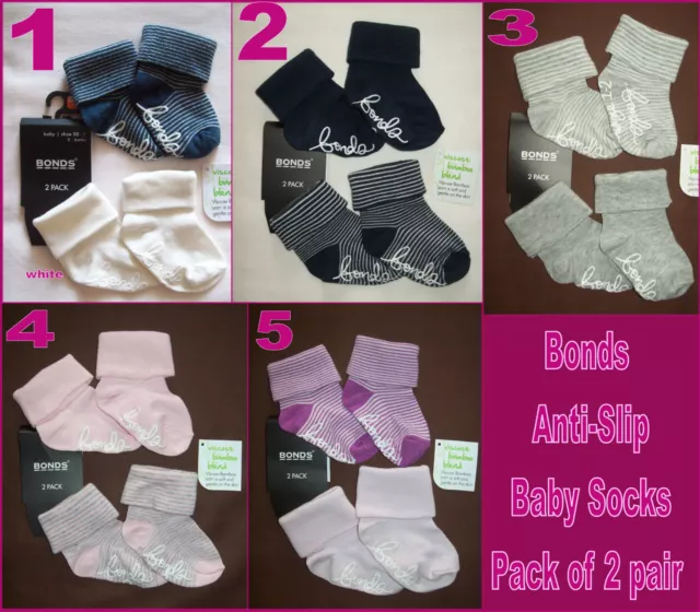 BONDS BABY Anti-Slip Socks 2Pk Sox - GRIP SOLE Sz 0-6m or 6-12m Boy & Girl - NEW