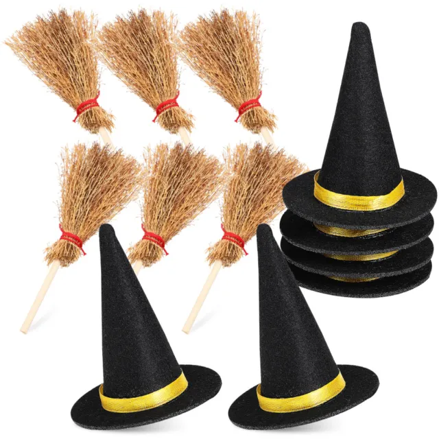 12 PIEZAS Mini Sombrero de Bruja Escoba para Halloween Muñecas Decoración de la Casa