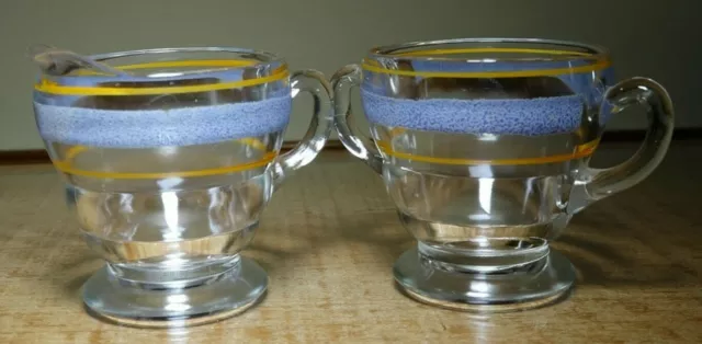 Vintage Depression Clear Glass Purple Nubby Band Gold Stripes Cream & Sugar Set