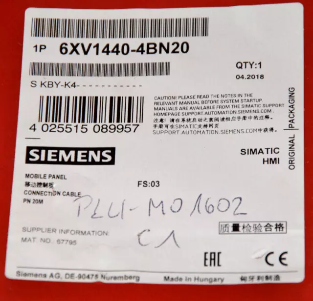 SIEMENS 6XV1440-4BN20 Anschlusskabel PN für Mobile Panels 20m NEU OVP