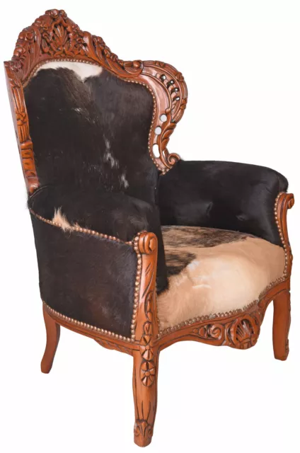 Luxe Fauteuil Baroque Thron Peau de Vache Accoudoirs Chaise Kaminsessel Antique