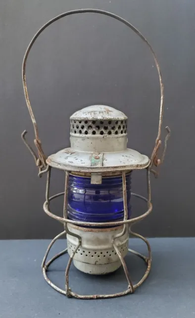 Antique Union Pacific Railroad Lantern Blue Ribbed Corning Glass Globe 1920s