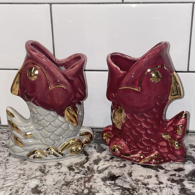Vtg Shawnee Art Pottery Planter Figurine FISH Vase KOI Open Mouth 845 Gold Trim