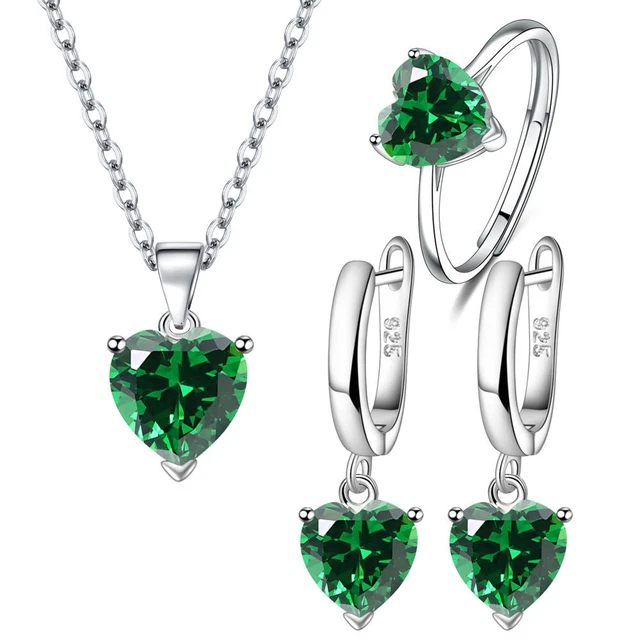 Women 925 sterling Silver earrings necklace ring green heart zircon jewelry set