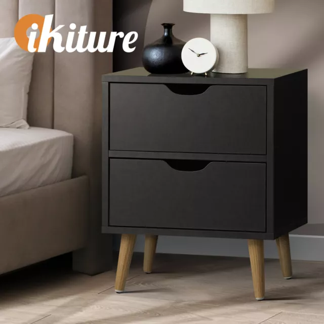 Oikiture Bedside Tables 2 Drawers Side Table Bedroom Furniture Storage Black