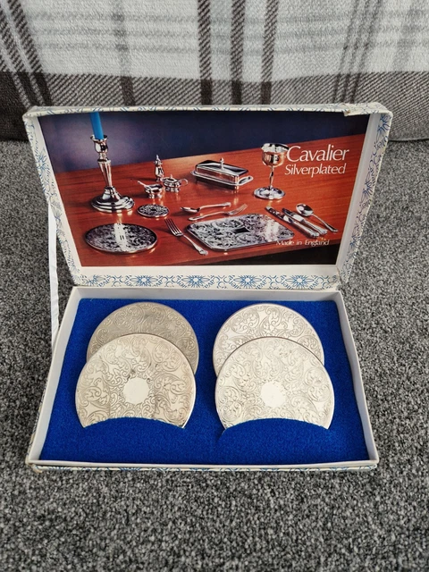 Vintage Silver Plated Cavalier Coasters Set of 4 Made In England - Original Box