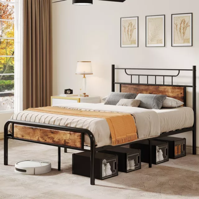 Twin/Full/Queen Size Bed Frame With Wooden Headboard Heavy Duty Metal Platform