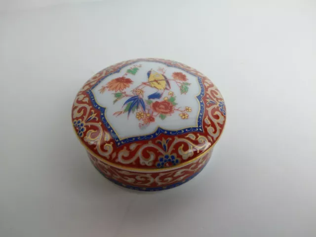 Porcelain Round Trinket box AK Kaiser W. Germany Flowers Golden Bird & Scrolling