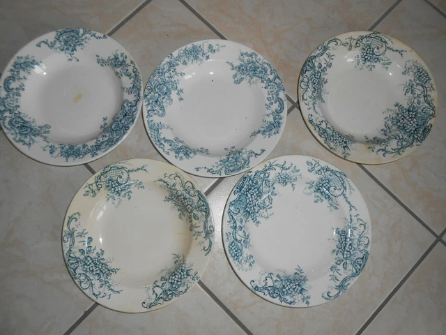 5 ASSIETTES CREUSES TERRE DE FER modèle ANEMONES decor floral vert