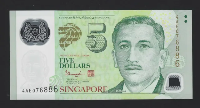 SINGAPORE $5 Dollars 2013 - 2014, 4AE Prefix 1 Triangle, P-47d Tan P-2e, UNC