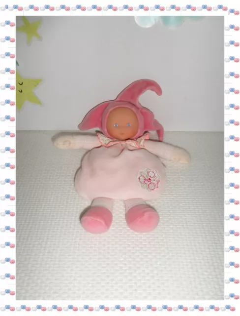 ⑦ - Doudou Poupée Lutin  Rose Fleur de Coton Grelot  Corolle