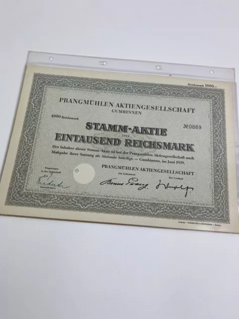 Orig. Stamm Aktie Prangmühlen Gumbinnen 1939  Gussew Kaliningrad Ostpreußen