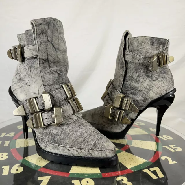 Alexander Wang Hanne Heels Boots Stiletto Booties Grey Suede Buckles Size 38 7.5