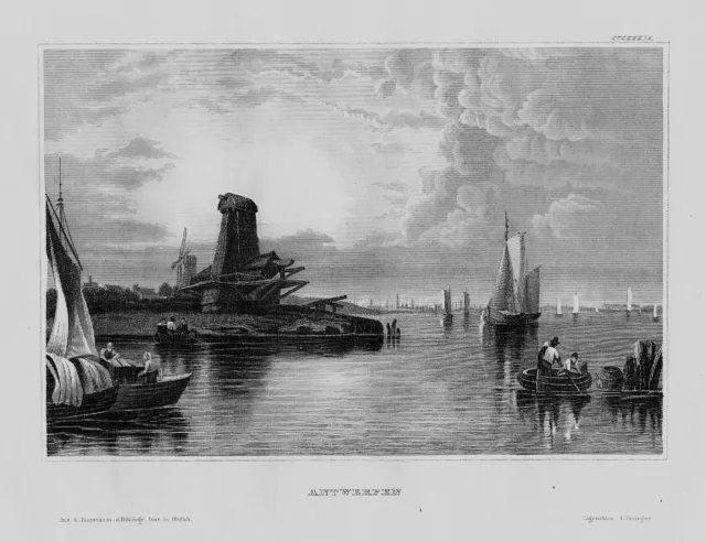 1840 - Antwerp Anvers Port Ships Belgium Belgique Engraving Steel Engraving