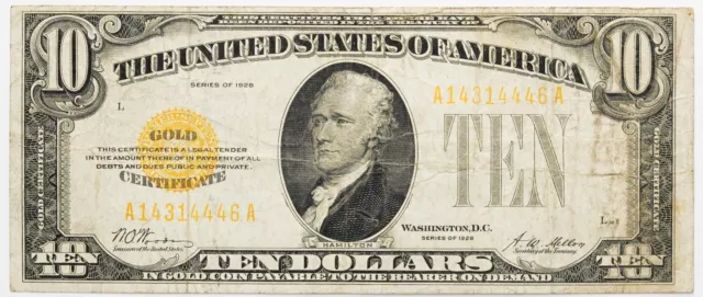 1928 Series Ten Dollar Gold Certificate $10 Woods Mellon