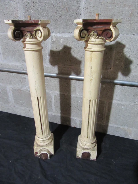 ~ Pair Antique Cherry Wood Columns With Ornate Capitals ~ 30" ~ Salvage 10