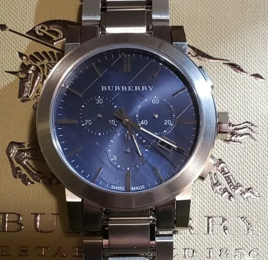 Burberry Watch With  42mm Blue Chronograph Face & Silver Breclet