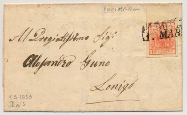 LOMBARDEI-VENETIEN 1853 15C, RAND:12mm! Brief, PADOVA nach LONIGO. Hohes KW!