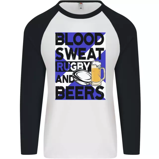 Maglietta da baseball Blood Sweat Rugby and Beers Scozia divertente da uomo L/S
