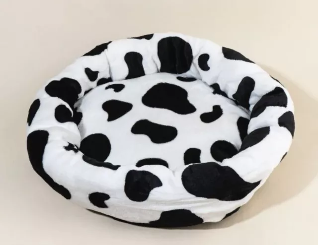 Dog Bed Cow Print Round cat NEW Fluffy thick Donut Washable Black White 20 In