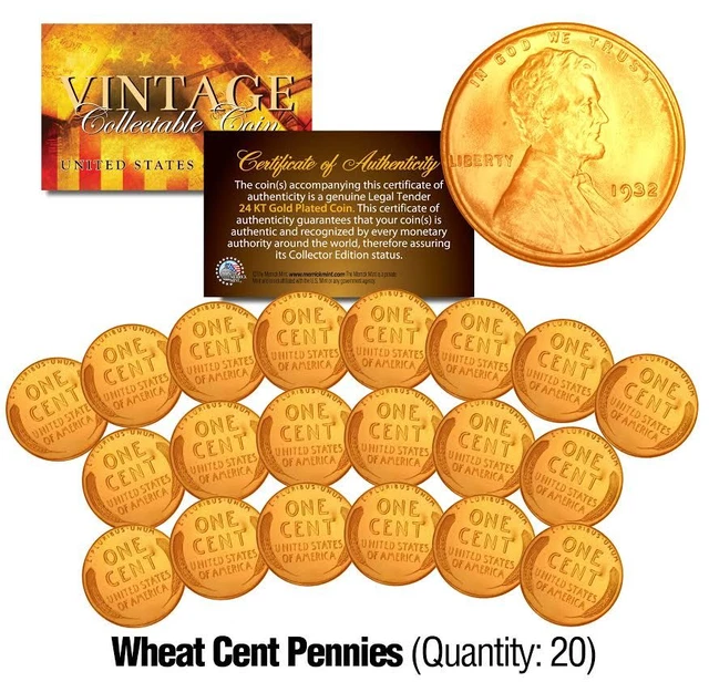 Lincoln Head 1930's WHEAT Cent Penny US Coins 24K GOLD PLATED (** Lot of 20 **) 3