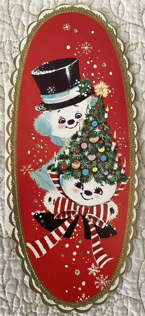 Unused Christmas Snowman Couple Pair Oval Scallop Vtg Greeting Card 1940s 1950s
