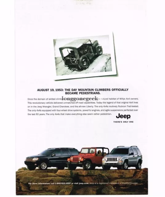 2002 Jeep Wrangler Grand Cherokee Liberty and 1950s Willys Vintage Print Ad