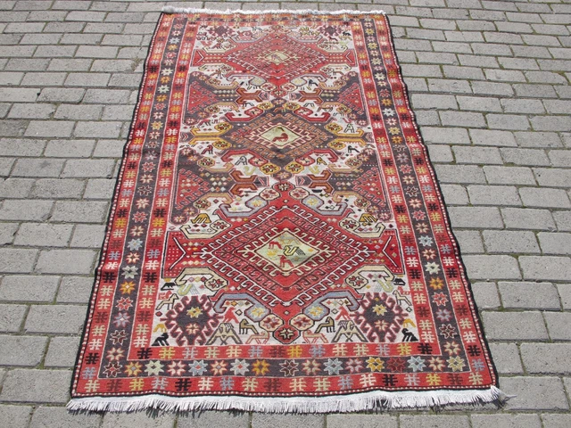 Wool Silk Cotton Handmade Vintage Rug 4x6 Pictorial Animal Pattern Soumak Kilim Wool Silk Cotton Handmade Vintage Rug 4x6 Pictorial Animal Pattern Soumak Kilim
