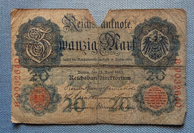 Old German Banknote Twenty Mark Berlin 21. of April