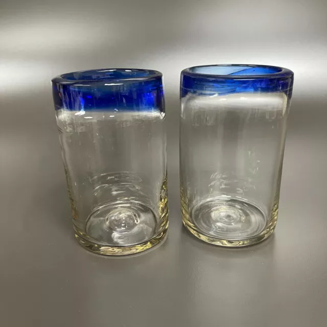 Mexico Cobalt Blue Trim Clear Glass Glasses Blown 4 7/8" High Lot of 2