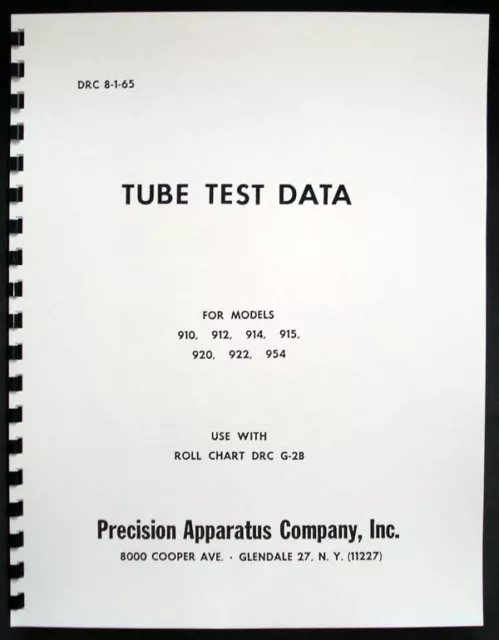 Precision Tube Test Data for 910 912 914 915 920 922 954 Tube Testers