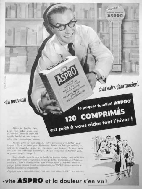Publicité Presse 1954 Aspro Chez Votre Pharmacien Paquet Familial 120 Comprimés
