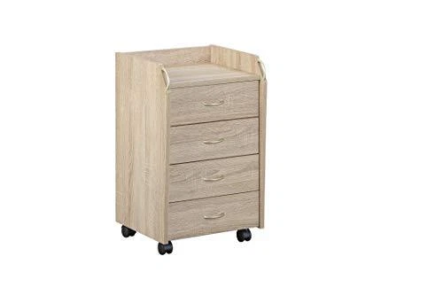 Commode Bureau 6 Tiroirs Sur Roulettes - Meuble Rangement Mobile Blanc - Pin Massif 35x40x65cm
