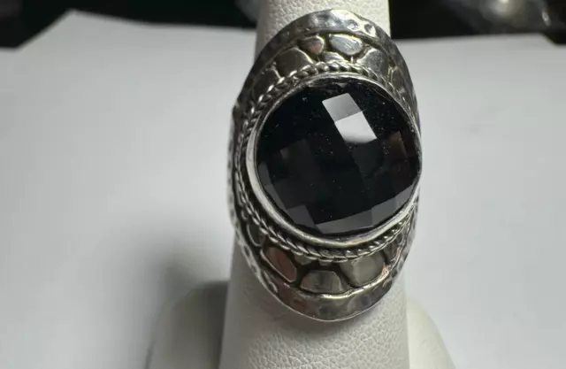 VINTAGE SARDA BALI Sterling silver hammered black stone saddle ring ...