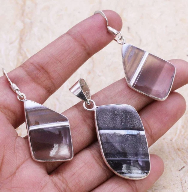 Alluring Oyhee Blue Opal 925 Silver Plated Handmade Pendant & Earring Set 1.5"