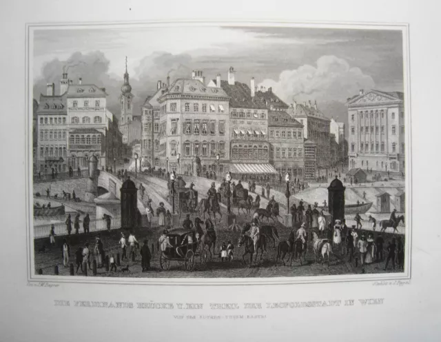 Vienna Ferdinandbrücke Leopoldstadt Austria Bellissimo Incisione Acciaio 1842