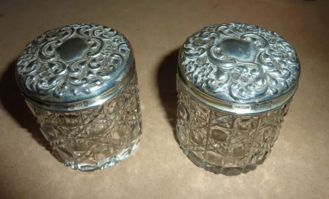 pair lovely old birmingham stirling silver hallmarked 1903 dressing glass jars