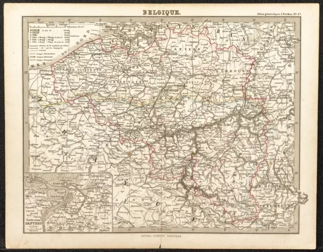 1873 - Belgique - Carte géographique ancienne - Gravure - Plan ancien d'Anvers